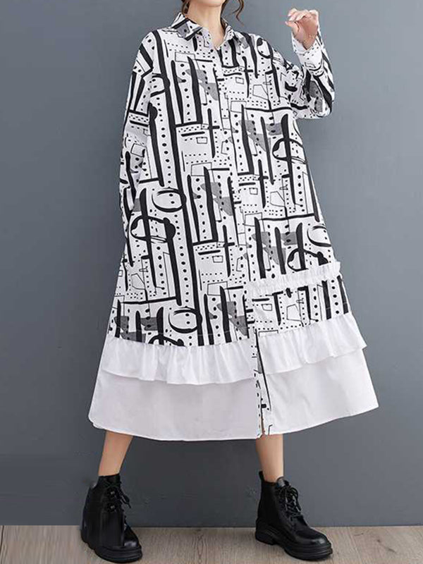 Asymmetric Buttoned Printed Split-Joint A-Line Long Sleeves Lapel Midi Dresses