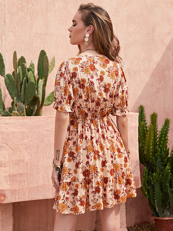 Bohemia A-Line High Waisted Floral Printed V-Neck Mini Dress