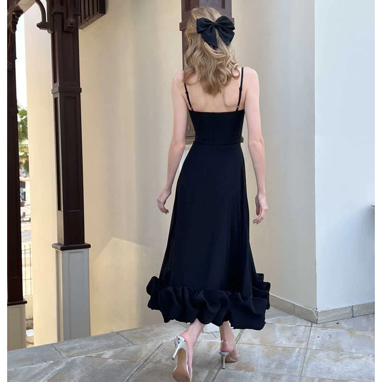 Spaghetti Strap Ruffle Bottom A-Line Midi Dress Flaxmaker