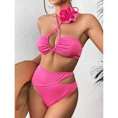 Halter 3D Flower Color Block Bikini Swimsuit