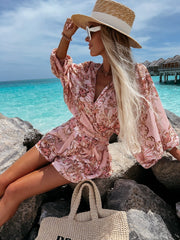 Fashion V Neck Blossom Printed  High Waist  Jumpsuit