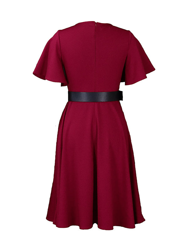 Belted Solid Color Irregular clipping Plus Size Round-neck Midi Dresses