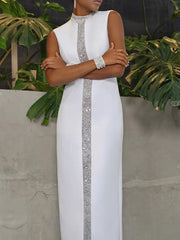 Contrast Color Shiny Split-Back Loose Sleeveless Mock Neck Maxi Dresses