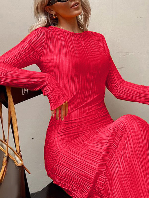 Pleated Solid Color Split-Joint Long Sleeves Skinny Round-Neck Maxi Dresses