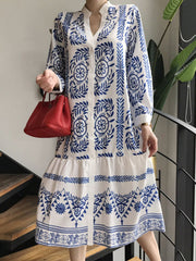 Leaves Print Printed Long Sleeves Loose Stand Collar Midi Dresses