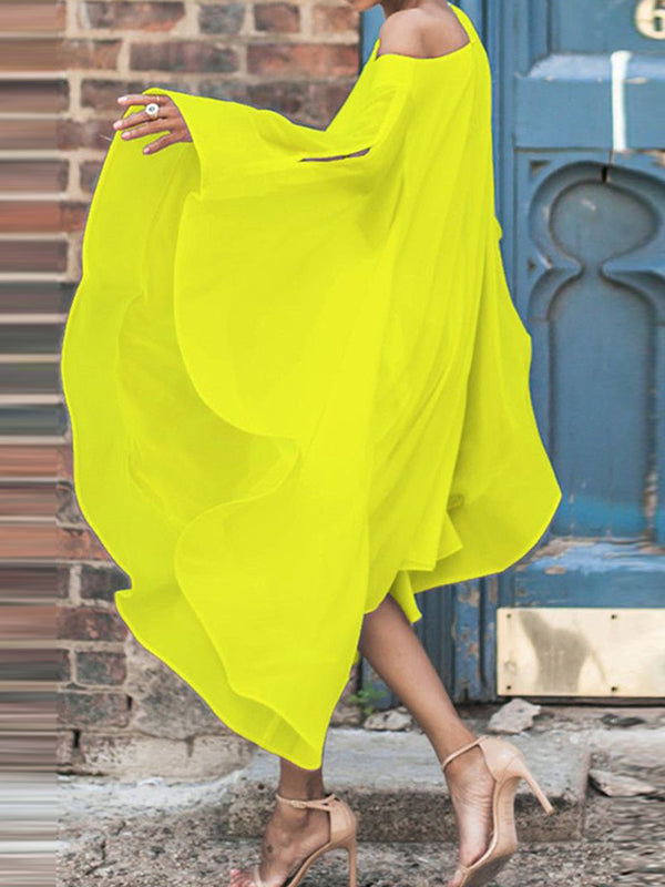 Asymmetric Solid Color Batwing Sleeves Cold shoulder Midi Dresses