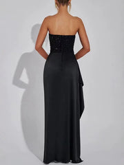 Sequinned Mesh Splicing Tube Split-Side Satin Evening Maxi Dresses