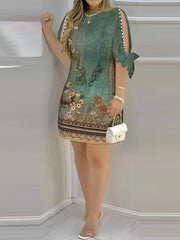 Hollow Printed Split-Joint Loose Short Sleeves Round-Neck Mini Dresses