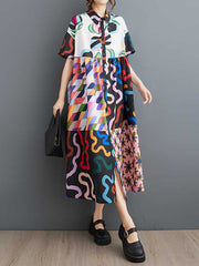 Buttoned Printed Split-Joint A-line Loose Lapel Shirt Dress Midi Dresses