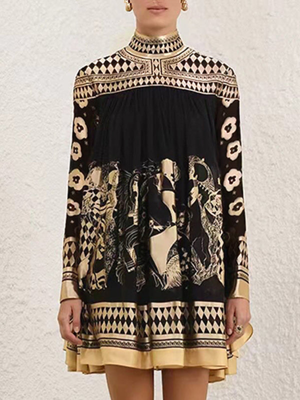 A-Line Long Sleeves Bronzing Printed Split-Joint Mock Neck Mini Dresses