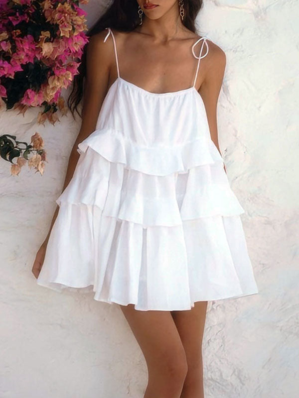 Backless Layered Pleated Solid Color Tied High Waisted Loose Spaghetti-Neck Mini Dresses