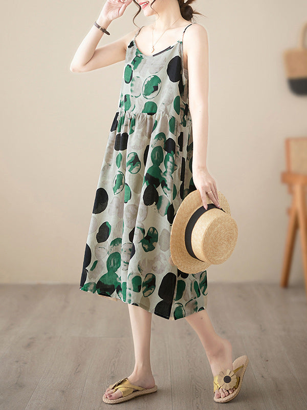 Pleated Printed Split-Joint Loose Sleeveless Spaghetti-Neck Midi Dresses