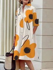 Long Sleeves Loose Flower Print Split-Joint Lapel Midi Dresses Shirt Dress