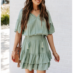 V-neck Ruffled Solid Color Dress