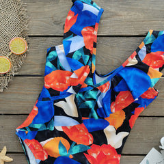 Ruffle V Neck Printed One Piece Swimsuit