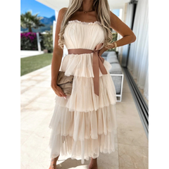 Mesh Temperament Wrapped Breast Sexy Cake Layer Midi Dress