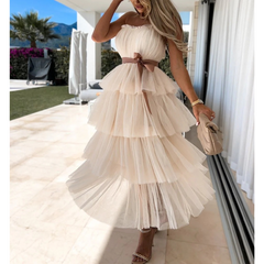 Mesh Temperament Wrapped Breast Sexy Cake Layer Midi Dress