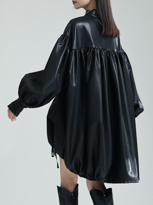 Drawstring Pleated Solid Color High-Low Long Sleeves Stand Collar Mini Dresses