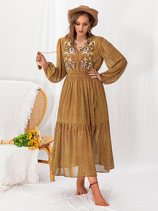 Vacation Puff Sleeves A-Line Printing Deep V-Neck Bohemia Dresses