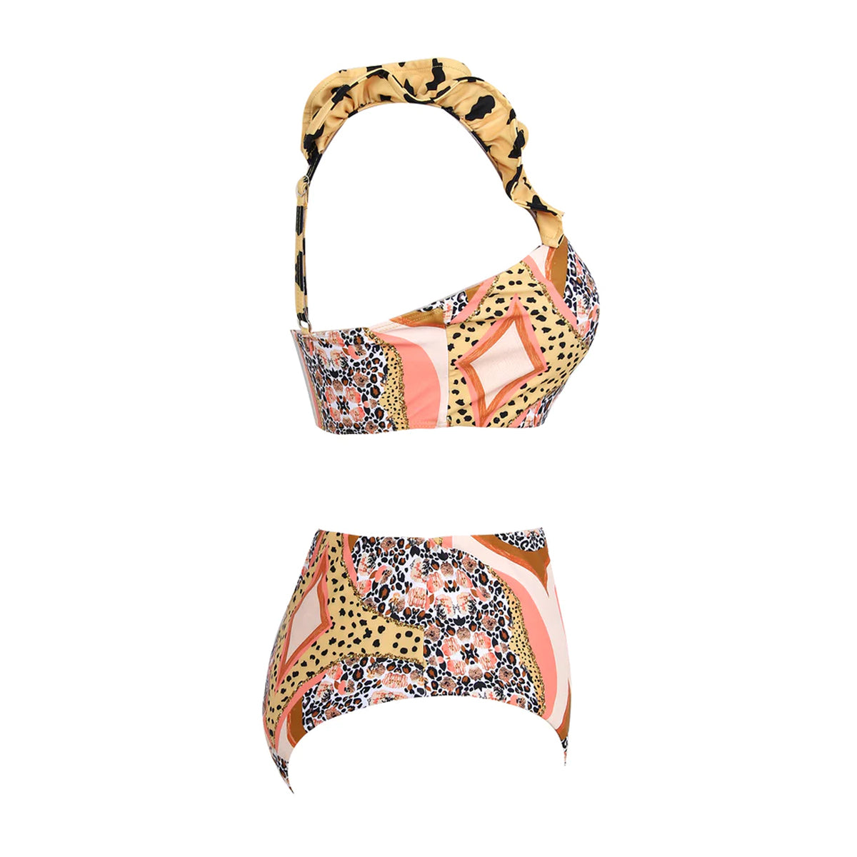 Ruffle Starp Leopard Print High Waist Bikini Swimsuit and Skirt Flaxmaker