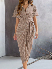 Buttoned Contrast Color Tied Waist Bodycon Half Sleeves Lapel Midi Dresses