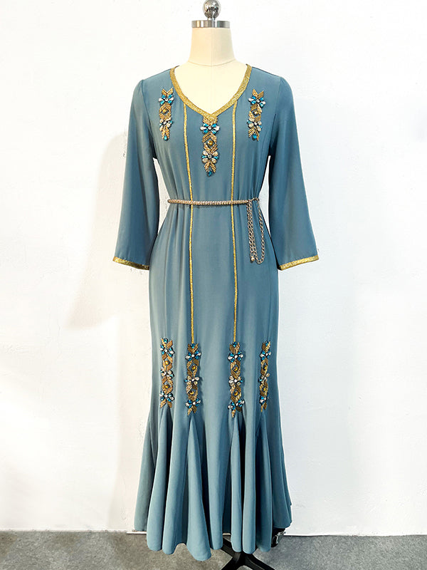 Vacation Loose Embroidered Solid Color V-Neck Dress