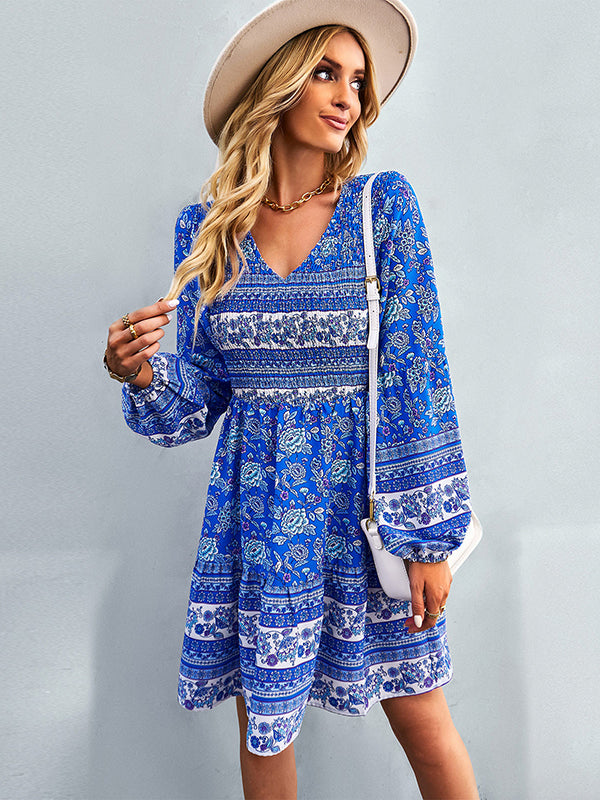 Bohemia A-Line Loose Floral Printed V-Neck Dress