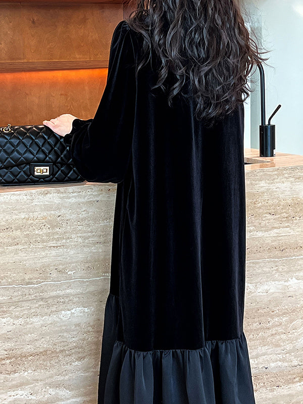 Contrast Color Pleated Ruffled Split-Joint Velvet Flared Sleeves Long Sleeves Round-Neck Midi Dresses