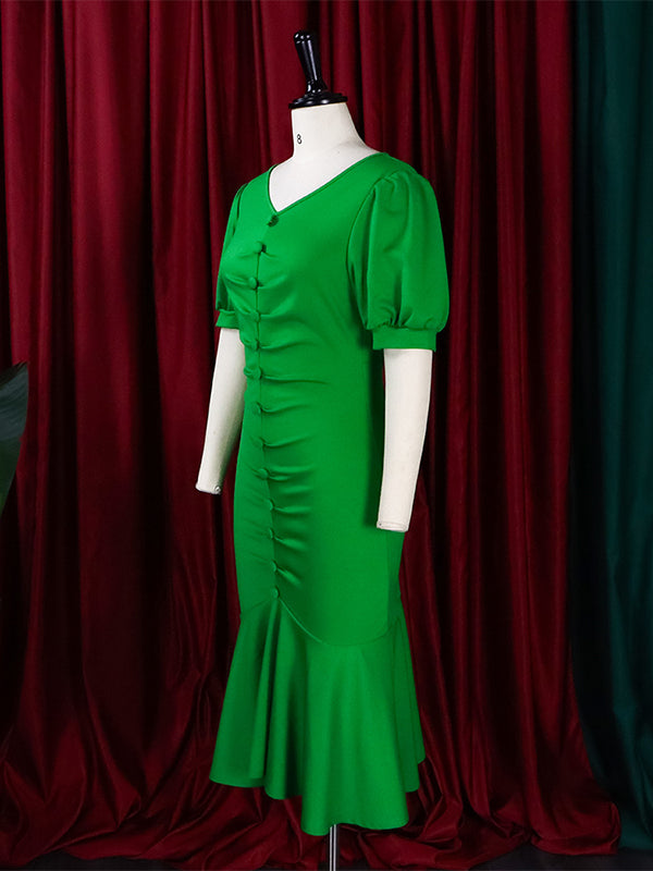 Pleated Solid Color Zipper Bodycon Mermaid V-Neck Midi Dresses