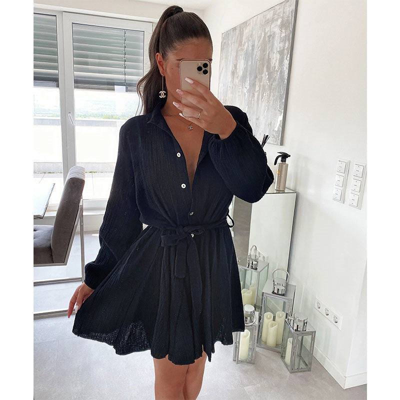 V Neck Long Sleeve Waist Lace Solid Color Mini Dress