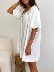 Lace-Up Pleated See-Through Solid Color Loose Puff Sleeves V-Neck Sleep Dress Mini Dresses