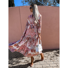 V Neck Paisley Printed Midi Dress