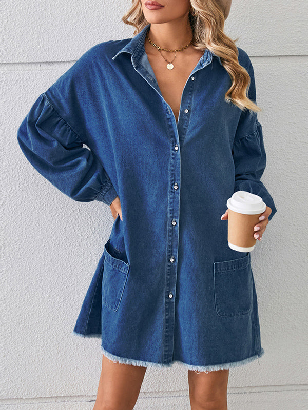 Buttoned Fringed Pleated Pockets Split-Joint Long Sleeves Loose Lapel Mini Dresses