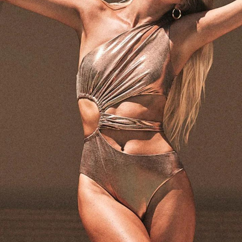 One Shoulder Cutout Glossy Sexy One Piece Swimsuit