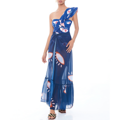 One Shoulder Ruffle Eye Print One Piece Swimsuit and Skirt Flaxmaker