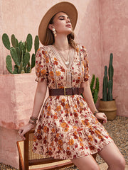 Bohemia A-Line High Waisted Floral Printed V-Neck Mini Dress