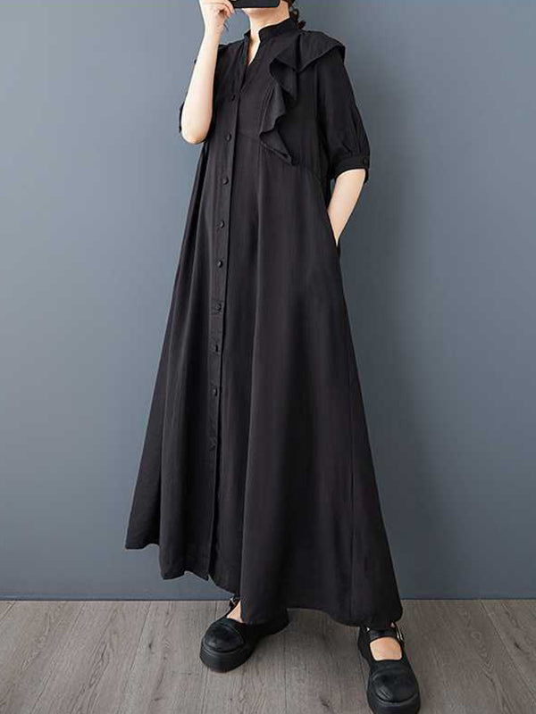 Buttoned Ruffle Trim Solid Color A-Line Half Sleeves V-Neck Midi Dresses