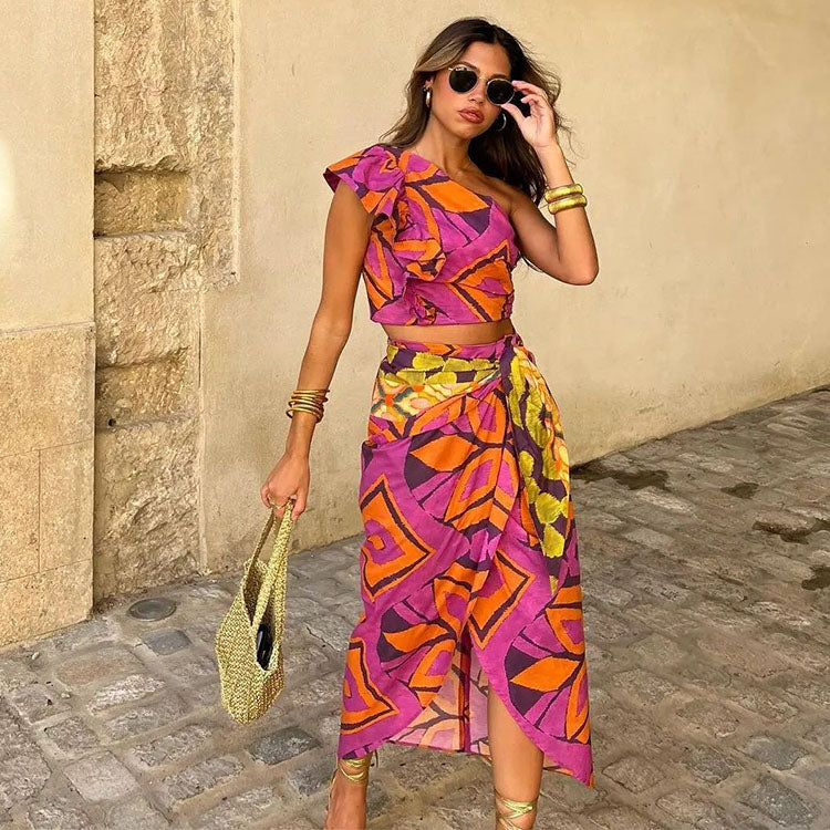 Oblique Shoulder printed Cami and Skirt Set