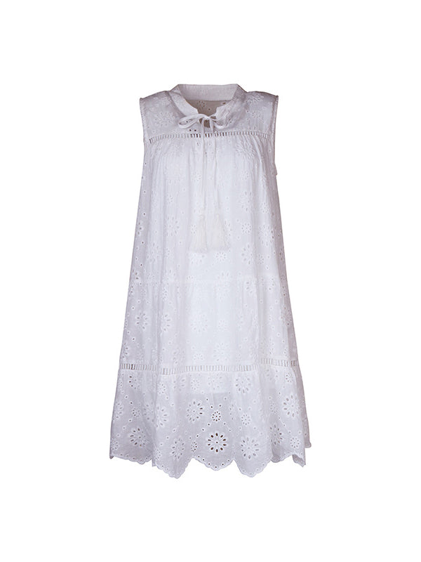 Hollow Lace-Up Solid Color Split-Joint Loose Sleeveless Round-Neck Mini Dresses