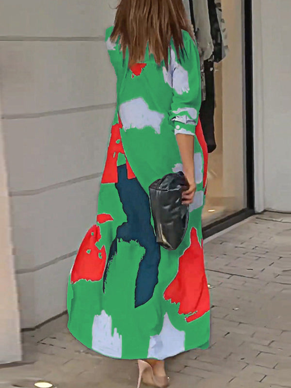 Buttoned Contrast Color Pockets Printed Split-Side Loose Wrap Shirt Dress