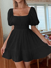Backless Bowknot Elasticity Pleated Solid Color Split-Joint High Waisted Loose Square-neck Mini Dresses