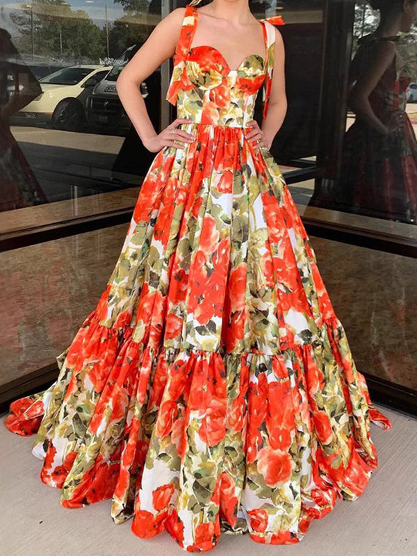 Flower Printed Sleeveless Bandage Spaghetti-Neck Elegant Maxi Dresses