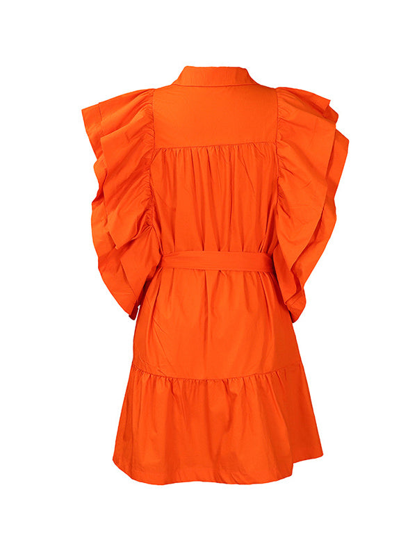 Buttoned Pleated Ruffled Solid Color Tied Waist A-Line High Waisted Lapel Mini Dresses