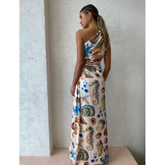 Oblique Shoulder Conch  Printed Dress