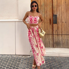Lace up Pink Sling Cami and Skirt Set
