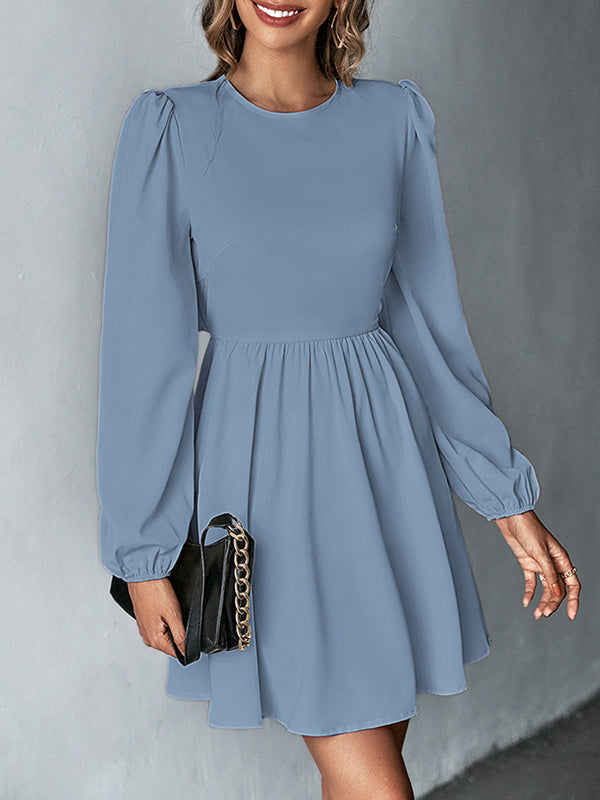 Backless Elasticity Hollow Pleated Solid Color Tied A-Line Bishop Sleeve Round-Neck Mini Dresses
