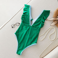 Ruffled Sleeve V Neck Cutout Green One Piece Swimsuit