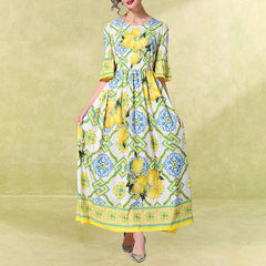 Lemon Print Trumpet Sleeve Maxi Dress Flaxmaker