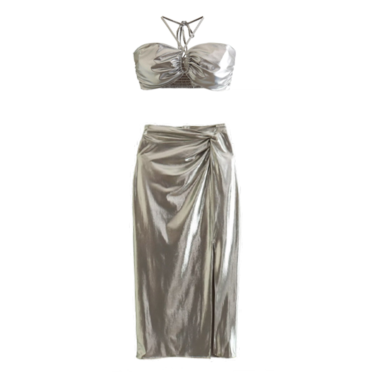 Halter Silver Solid Color Cami and Skirt Set