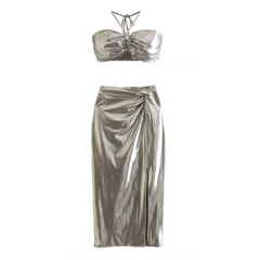 Halter Silver Solid Color Cami and Skirt Set